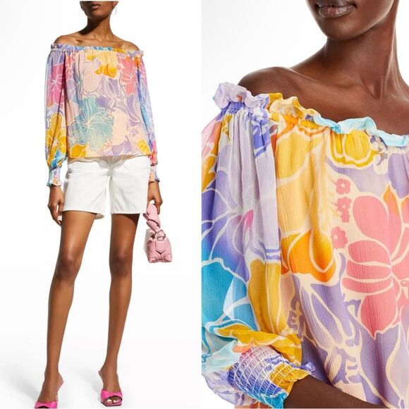 Ramy Brook Addison Floral Off the Shoulder Boxy Loose 100% Silk Top Size Small - Picture 2 of 14